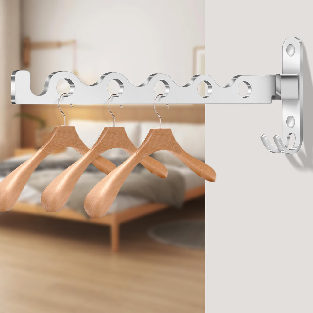 MEIJO Wall-Mounted Clothes Rack Silver, Foldable Wall Mounted Clothes Rail, 90° Rotation Heavy Duty Wall Clothing Drying Rack Wall Coat Rack for