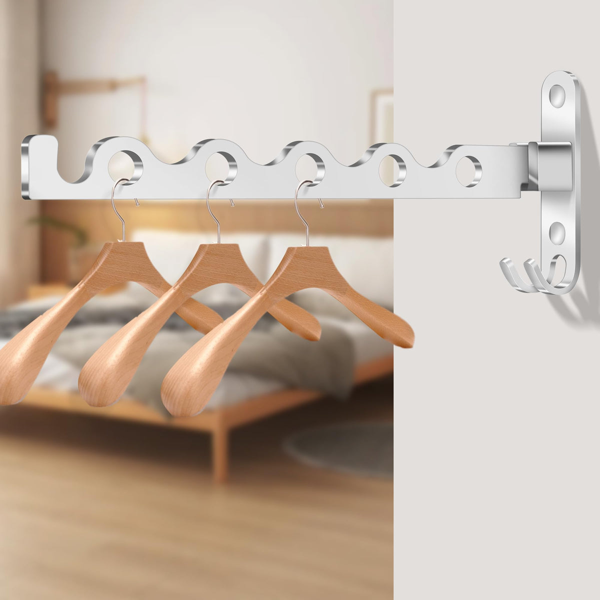 MEIJO Wall-Mounted Clothes Rack Silver, Foldable Wall Mounted Clothes Rail, 90° Rotation Heavy Duty Wall Clothing Drying Rack Wall Coat Rack for