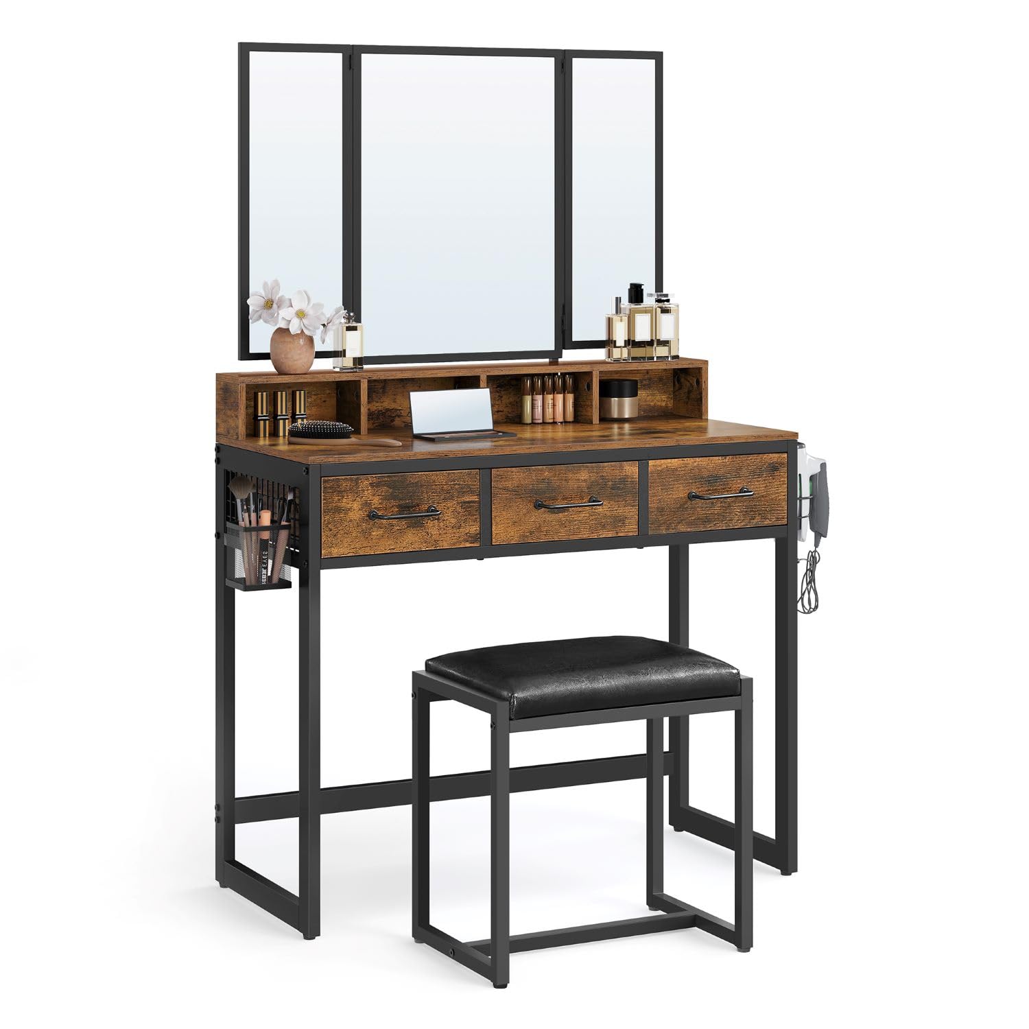 VASAGLE Industrial Vanity Table Set with Tri-Fold Mirror and Stool