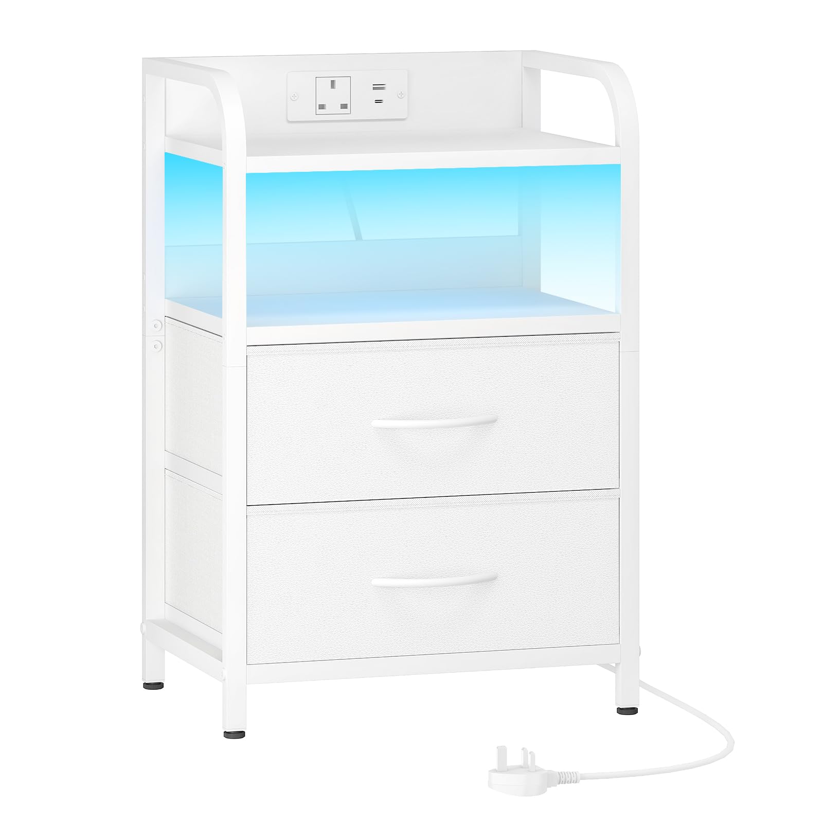 HOOBRO Nightstand with Charging Station and LED Lights - 2 Drawer Side Table