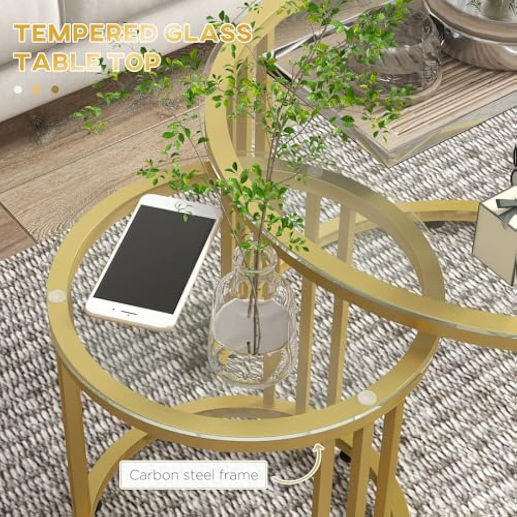 HOMCOM Nest of Tables – Round Glass Coffee Tables Set of 2, Gold