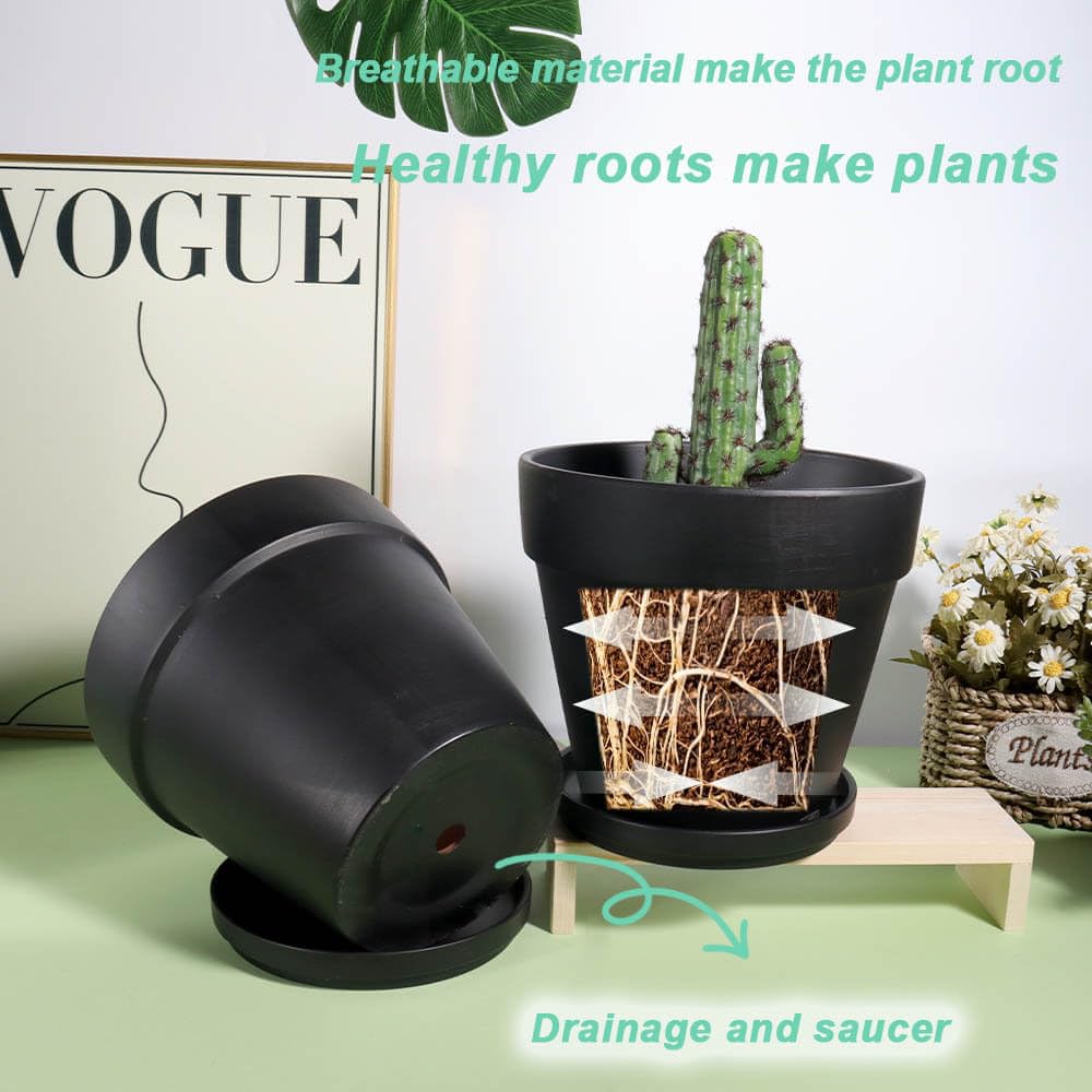 Vensovo Black Terracotta Pots with Saucers - 15cm Clay Planters, 4 Pack