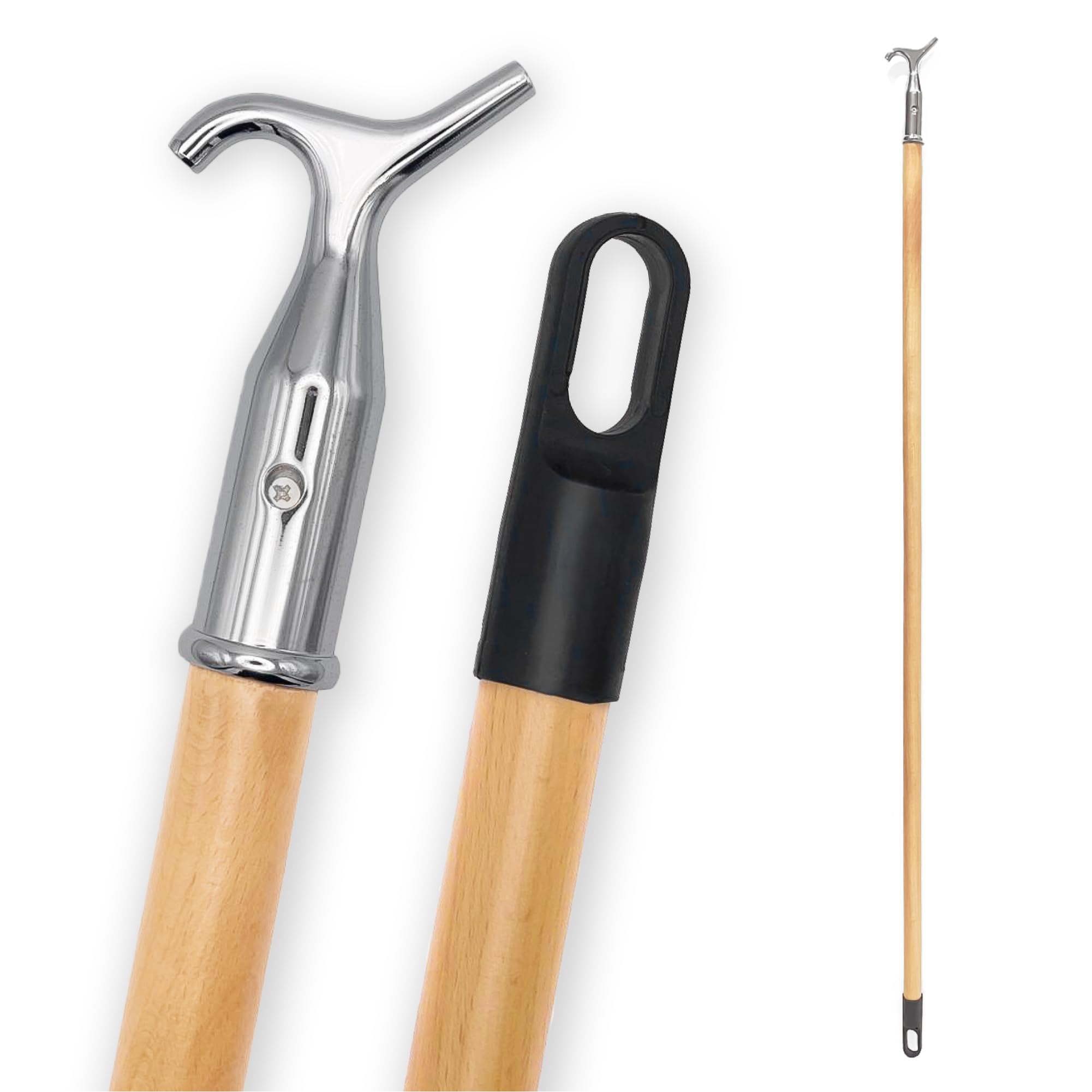 Kai Window & Loft Hatch Opener Pole – 118cm Varnished Wood & Chrome Hook