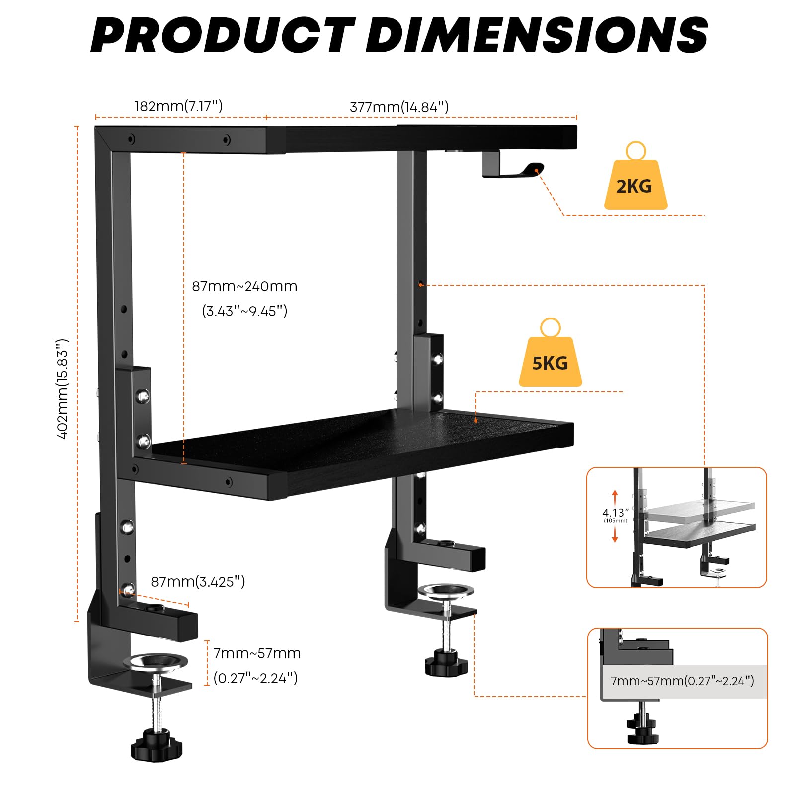 PUTORSEN 2-Tier Clamp-On Desk Shelf | Adjustable Height Organizer, Black