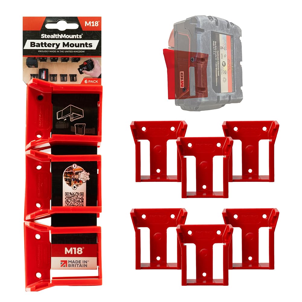 StealthMounts Battery Mounts for Milwaukee M18 – 6 Pack Red ABS Holders
