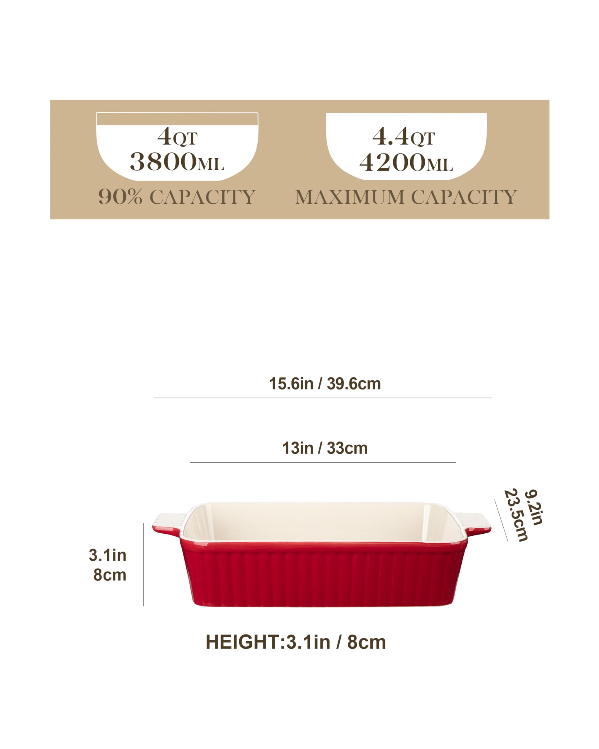 MALACASA 4.4 QT Ceramic Casserole Dish – 9x13 Rectangular Lasagna Pan