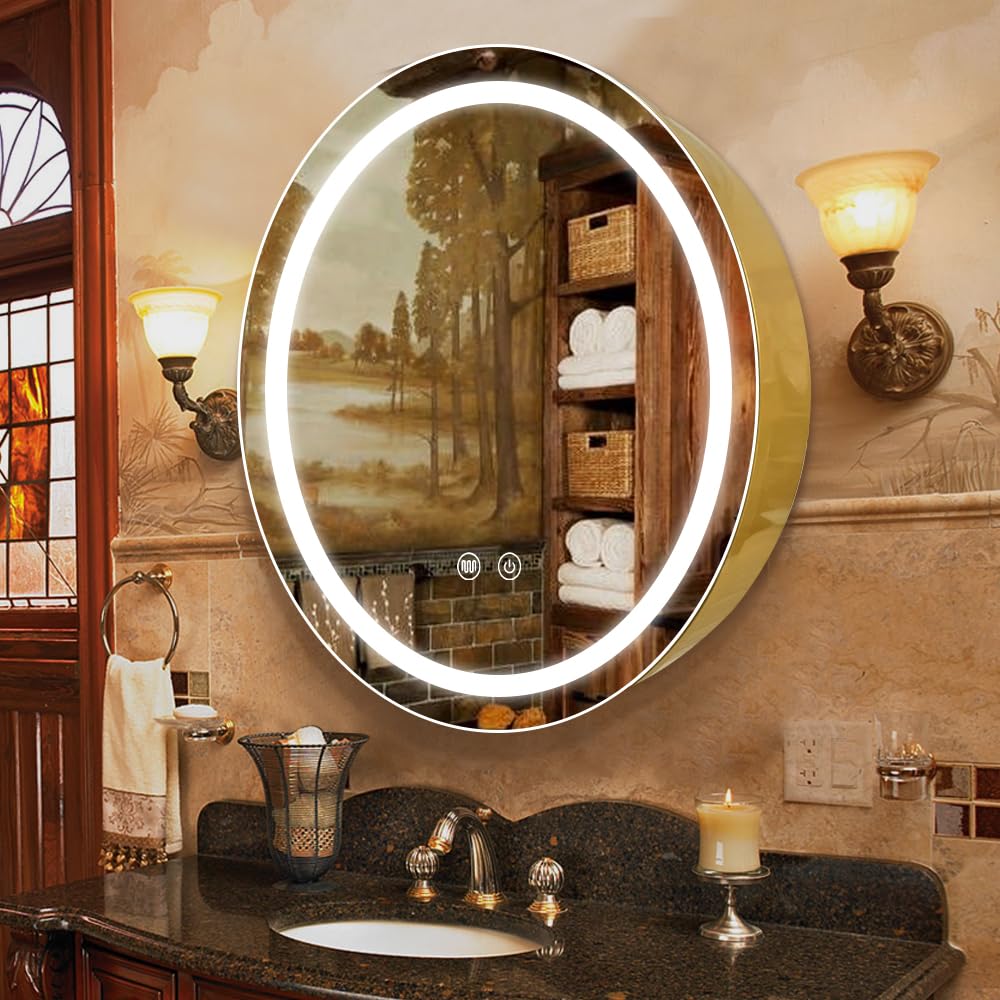 Janboe 71cm Round LED Medicine Cabinet with Defogger - Gold Iron