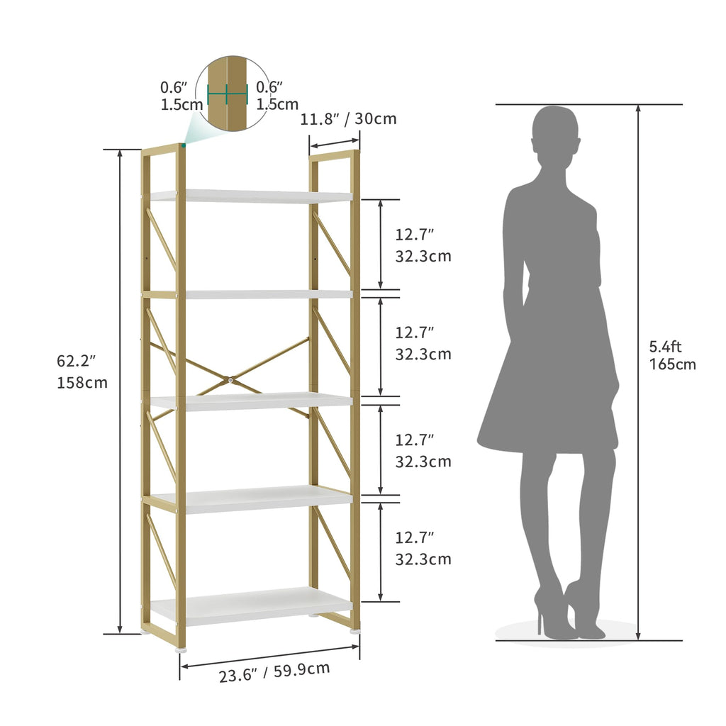 YITAHOME 5-Tier Industrial Bookcase | Gold Metal Frame Storage Shelf