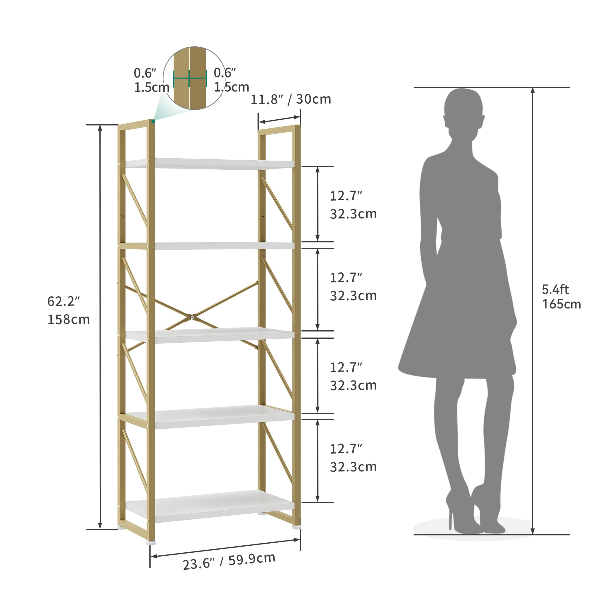 YITAHOME 5-Tier Industrial Bookcase | Gold Metal Frame Storage Shelf