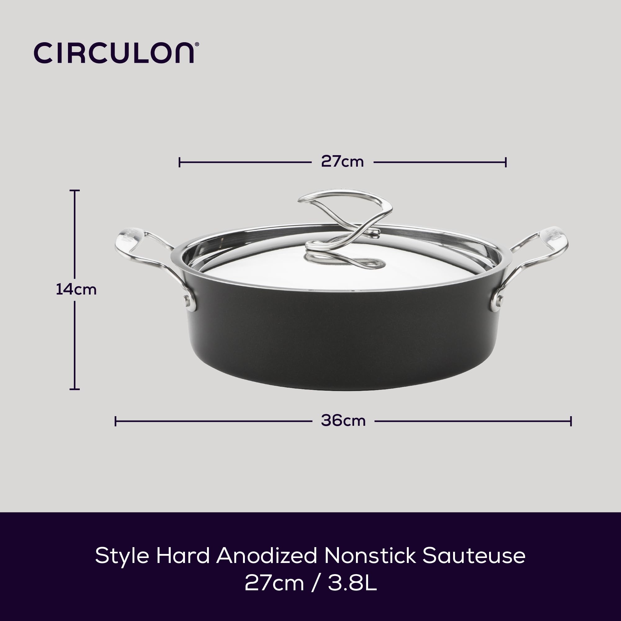 Circulon Style Hard Anodised Non-Stick Sauteuse Pan, 27cm/3.8L | Black