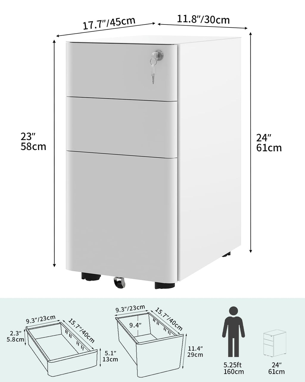 YITAHOME 3-Drawer Mobile Filing Cabinet | Lockable Steel Under Desk Storage