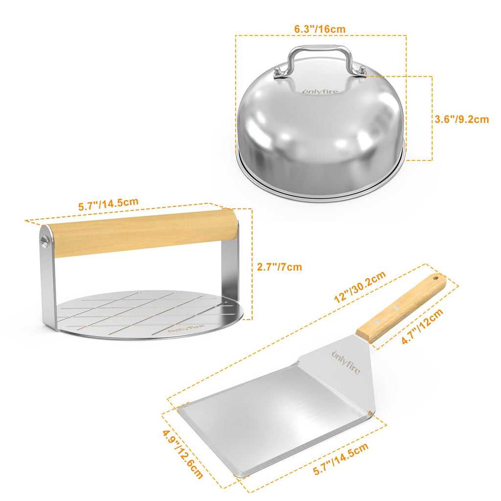 Onlyfire BBQ Griddle Accessories Kit – Stainless Burger Press & Melting Dome