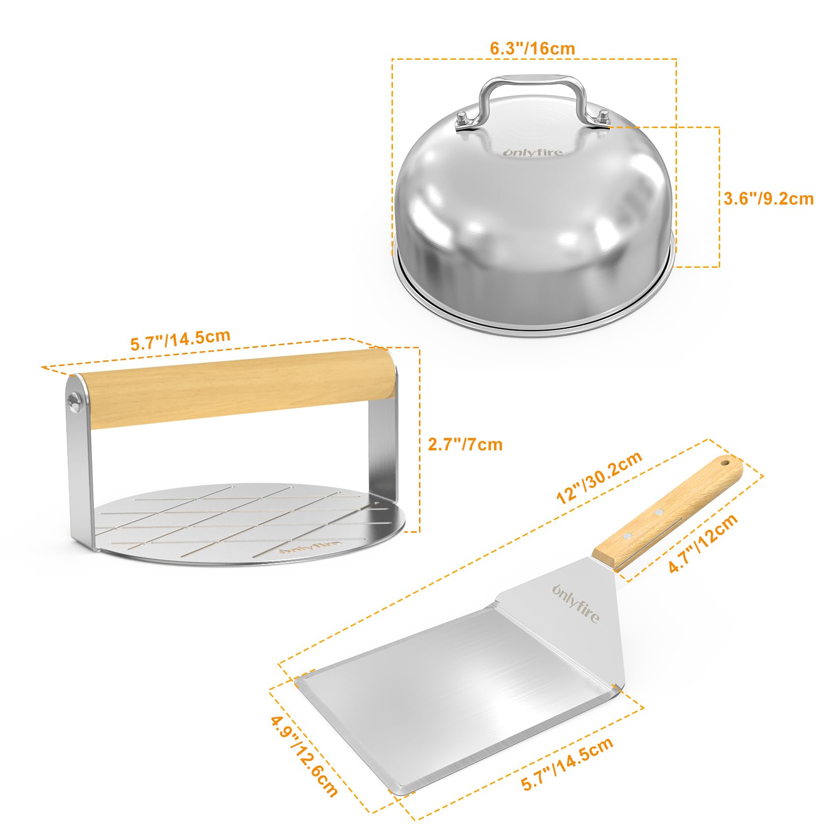 Onlyfire BBQ Griddle Accessories Kit – Stainless Burger Press & Melting Dome