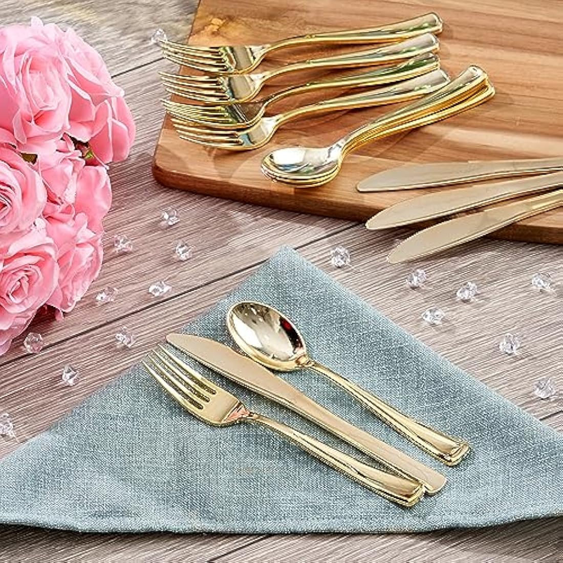 MATANA 180-Piece Gold Plastic Cutlery Set – Reusable Heavy Duty Tableware