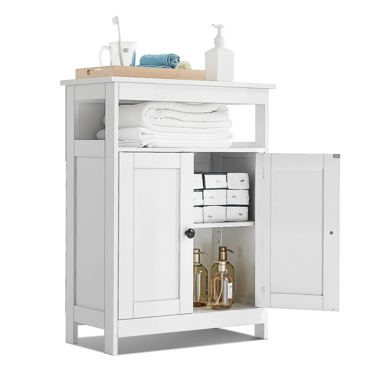 VEVOR Bathroom Floor Cabinet, 3-Tier, Wooden Storage Organizer with 2 Doors and Adjustable Shelf