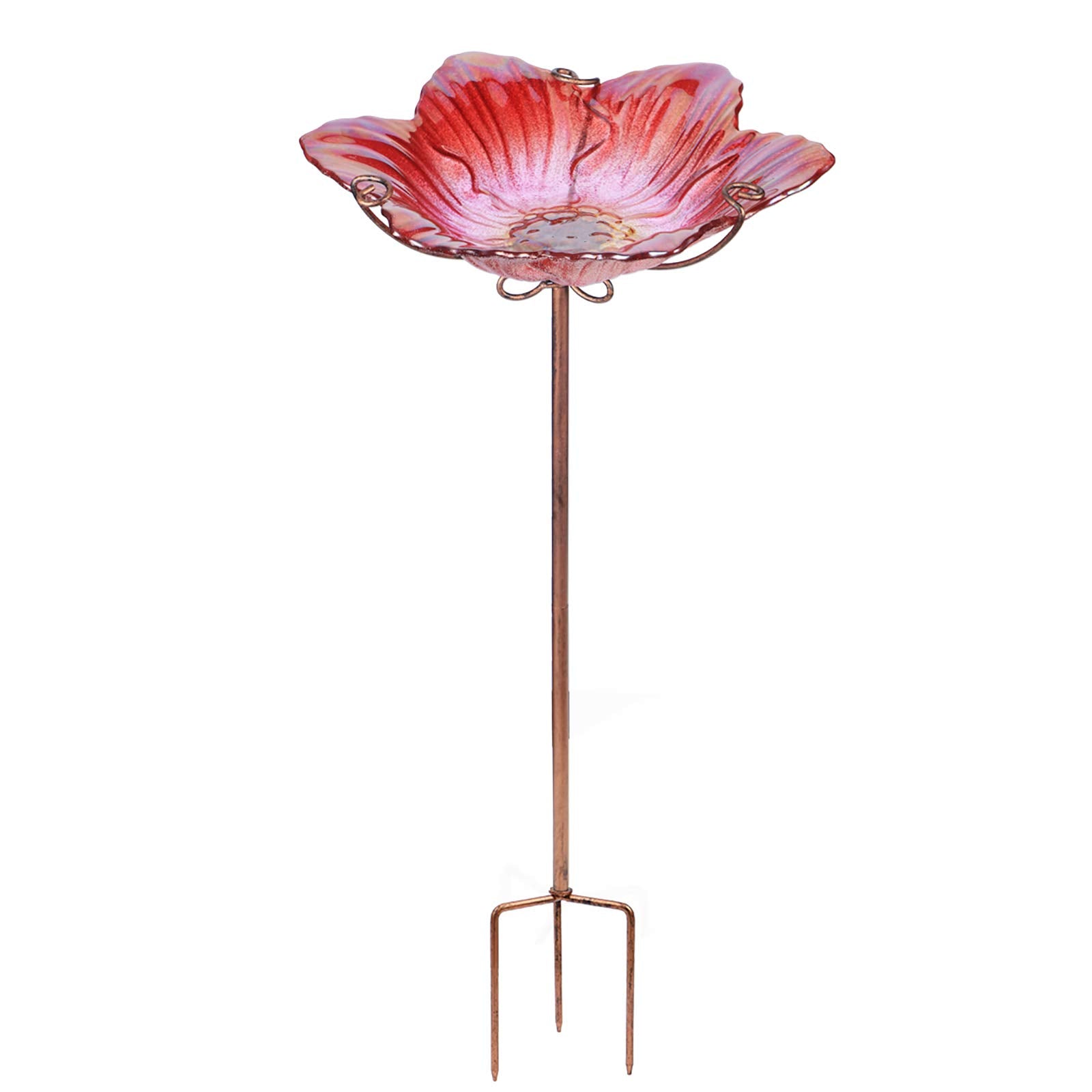 MUMTOP Glass Bird Bath and Feeder – Flower Pattern with Metal Stake, Red