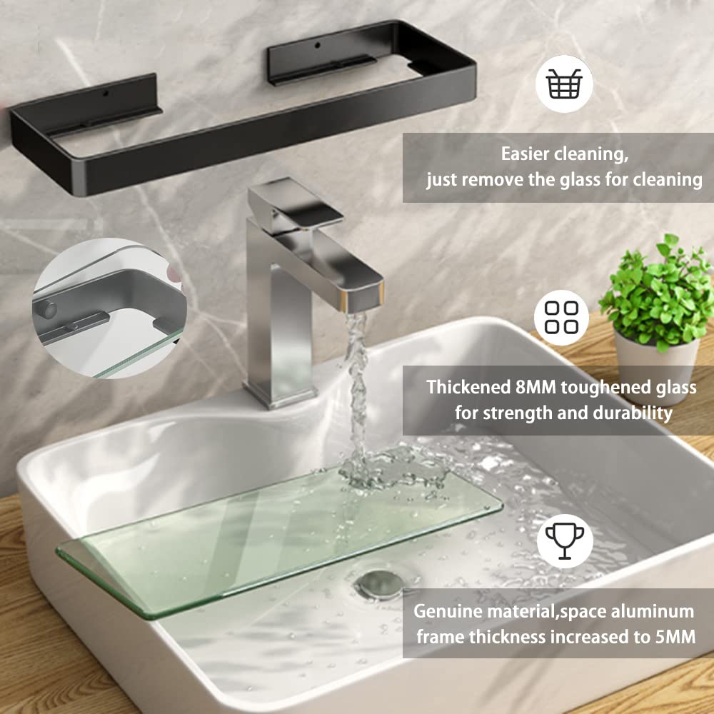 Biutimarden Bathroom Shelf Rectangular No Drilling Wall Mounted Tempered Glass Shower Caddy Space Aluminum Rustproof Storage Organizer for Bathroom - image 2