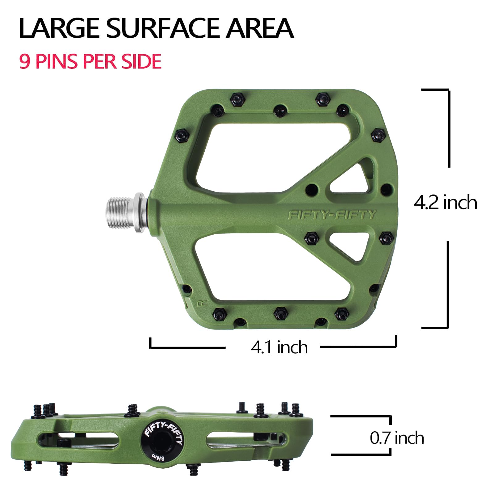 FIFTY-FIFTY MTB Pedals | Nylon Composite 9/16" Wide Flat Platform - Olive
