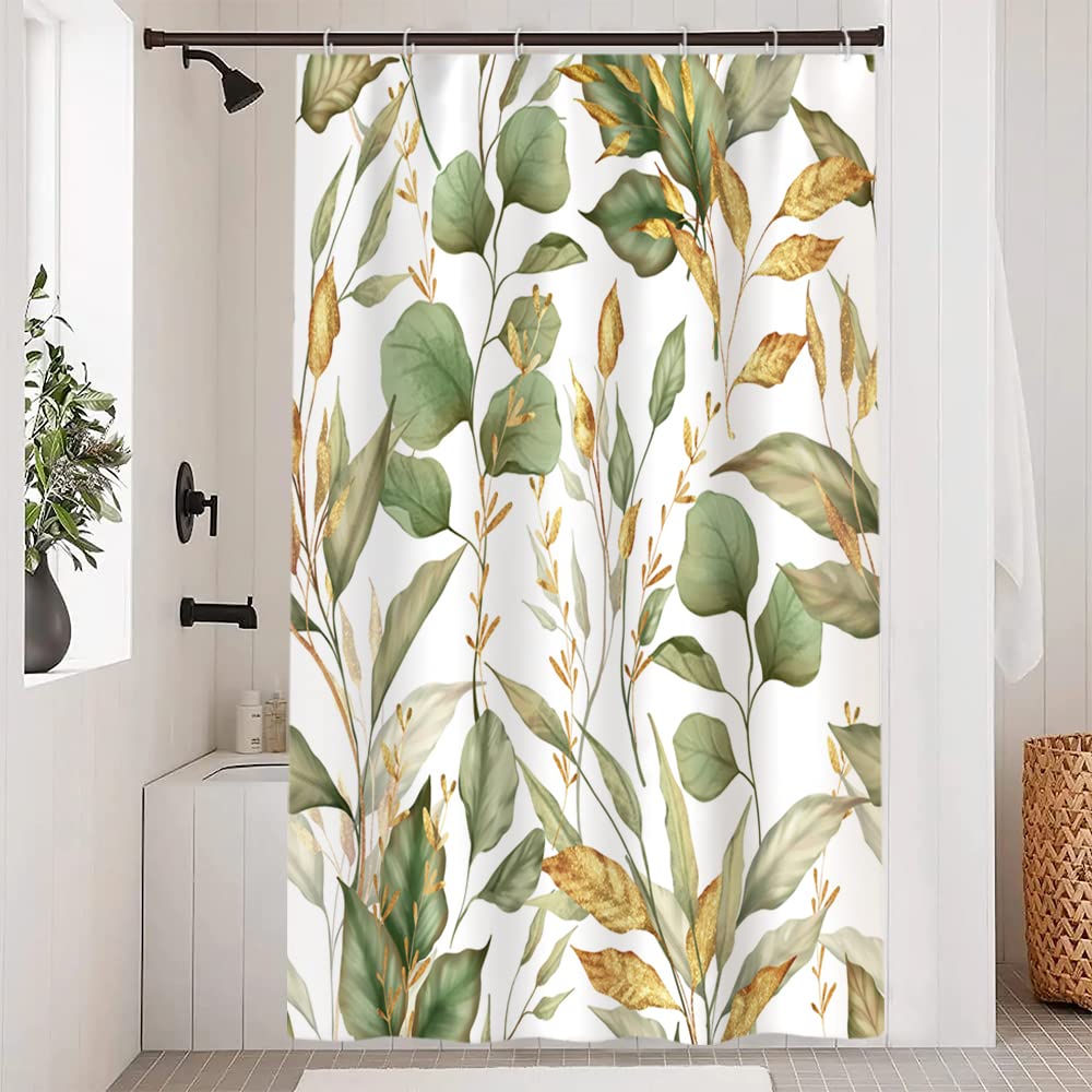 Uiiooazy Eucalyptus Shower Curtain | Green Gold Leaf Waterproof Polyester