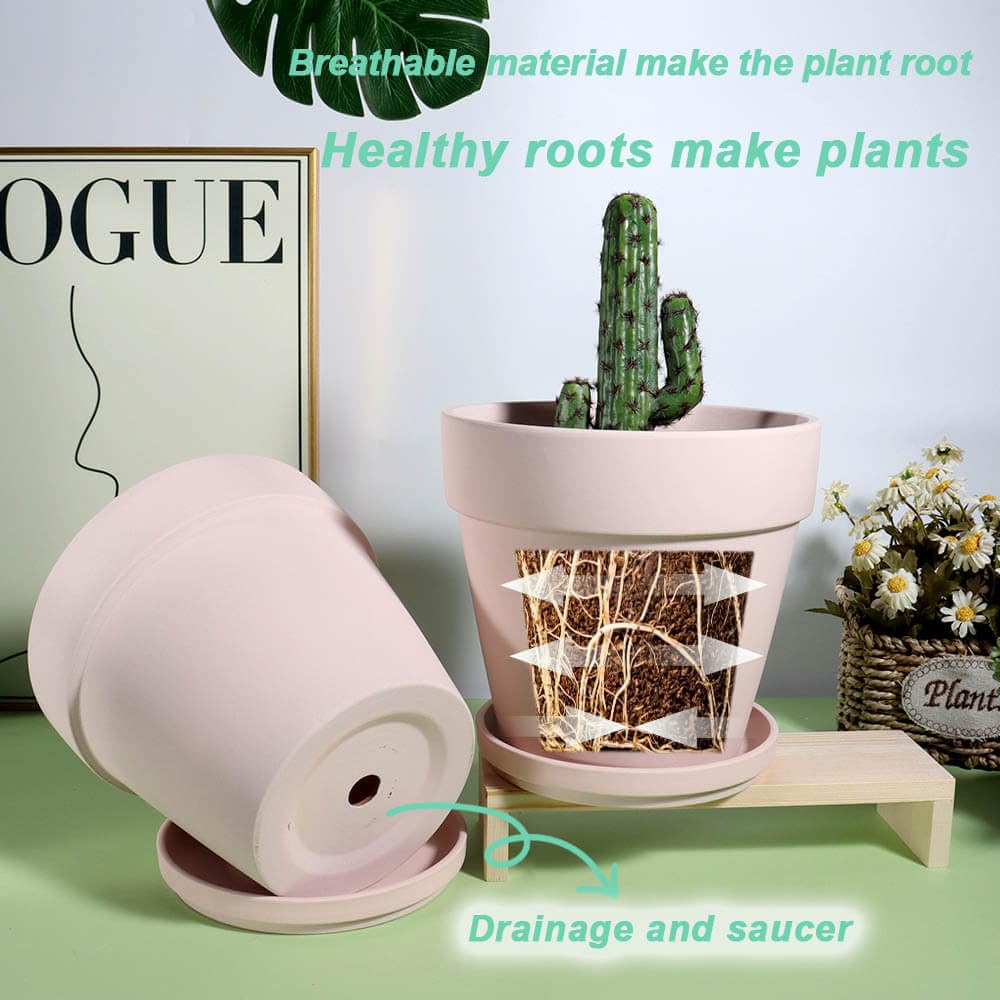 vensovo 15CM Pink Terracotta Pots with Saucers - 4 Pack Clay Planters