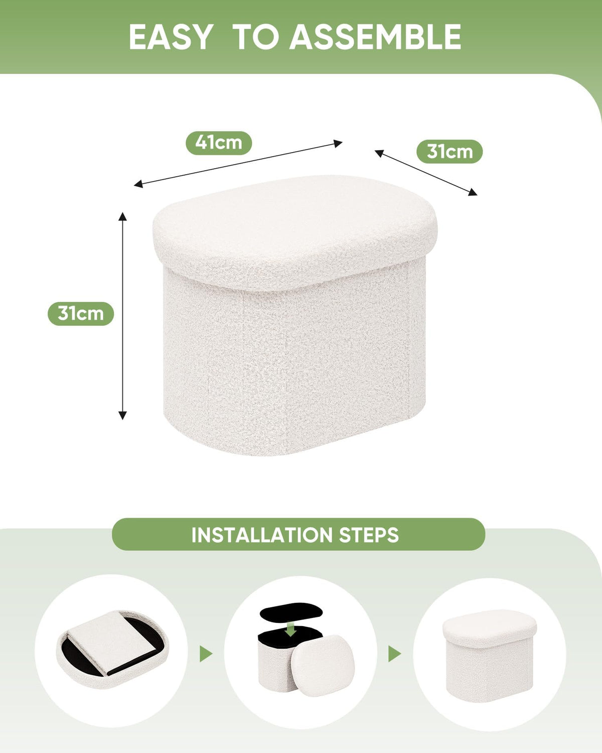 Bonlife Small Ottoman Storage Stool, Folding Boucle Footstool with Lid,41cm - image 4