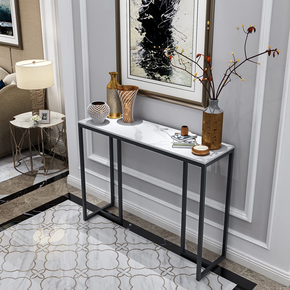 Slim Console Table Hallway Unit: White Marble Top Consoles Desk Long 100cm High Gloss Sintered Stone Marbles Effect and Black Legs Narrow Tall Modern - image 2