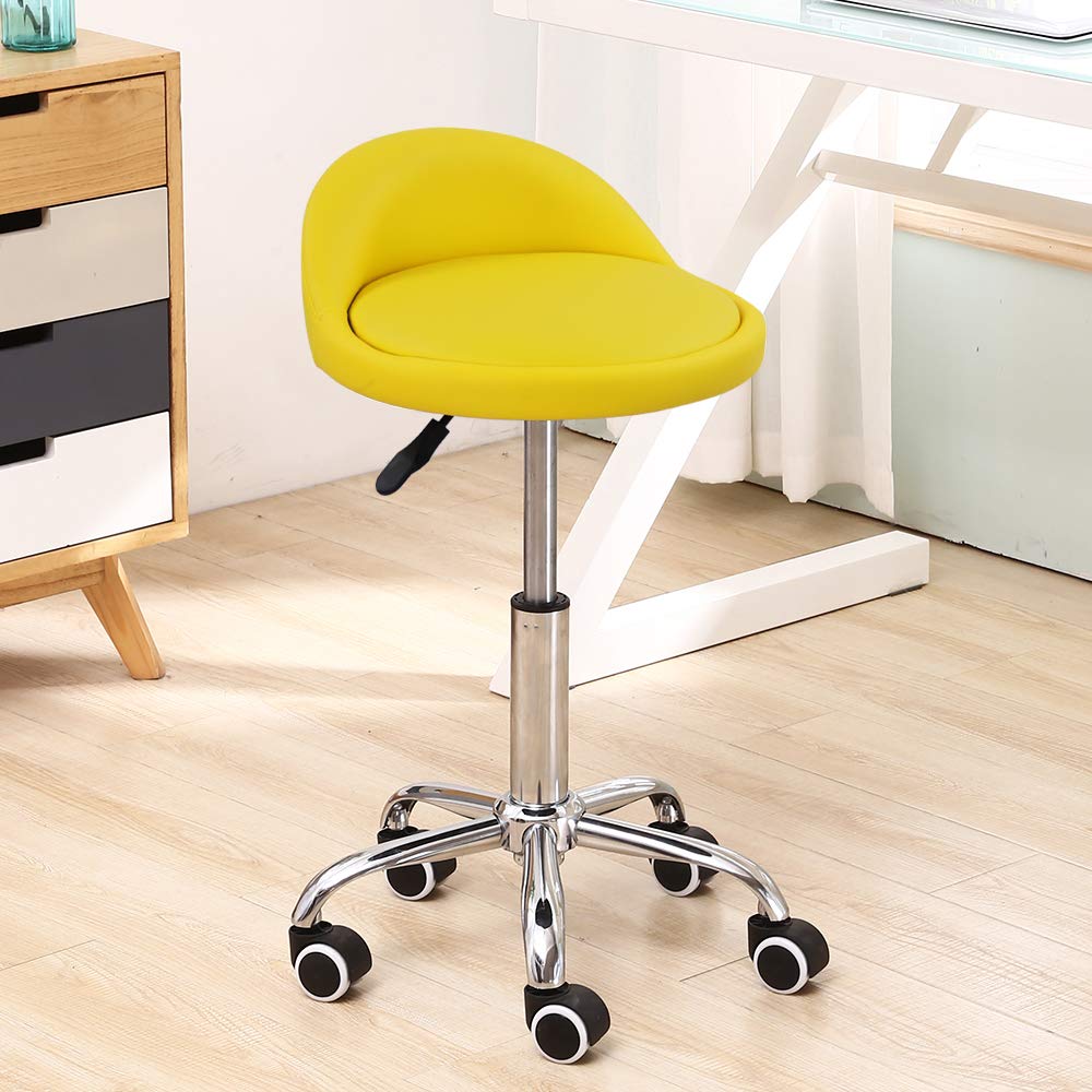 KKTONER Yellow PU Leather Rolling Stool with Backrest | Adjustable Swivel