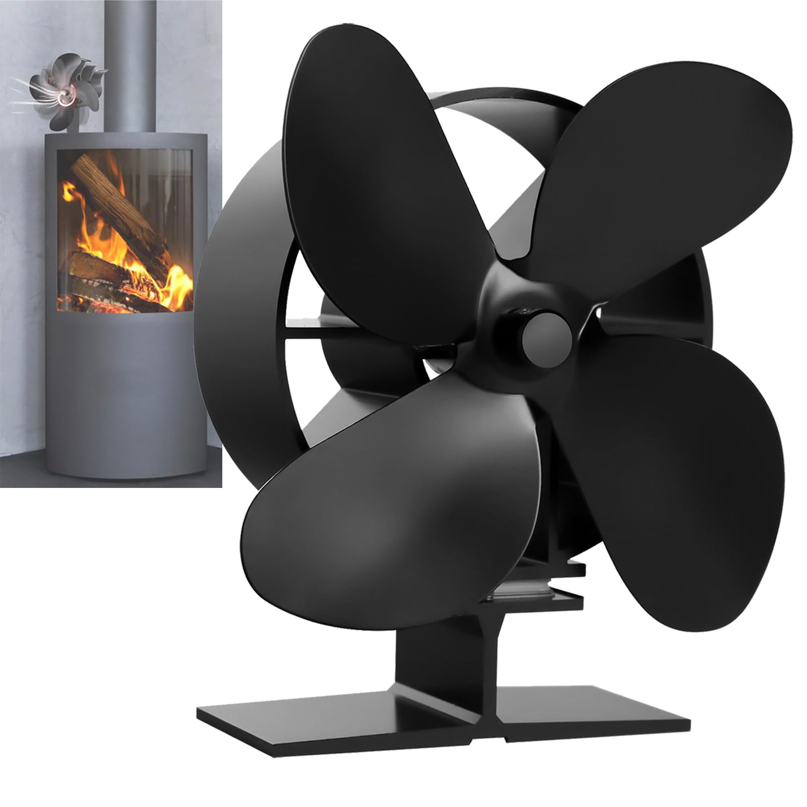 BenkerEsti 4-Blade Heat Powered Wood Stove Fan | Silent Black Log Burner