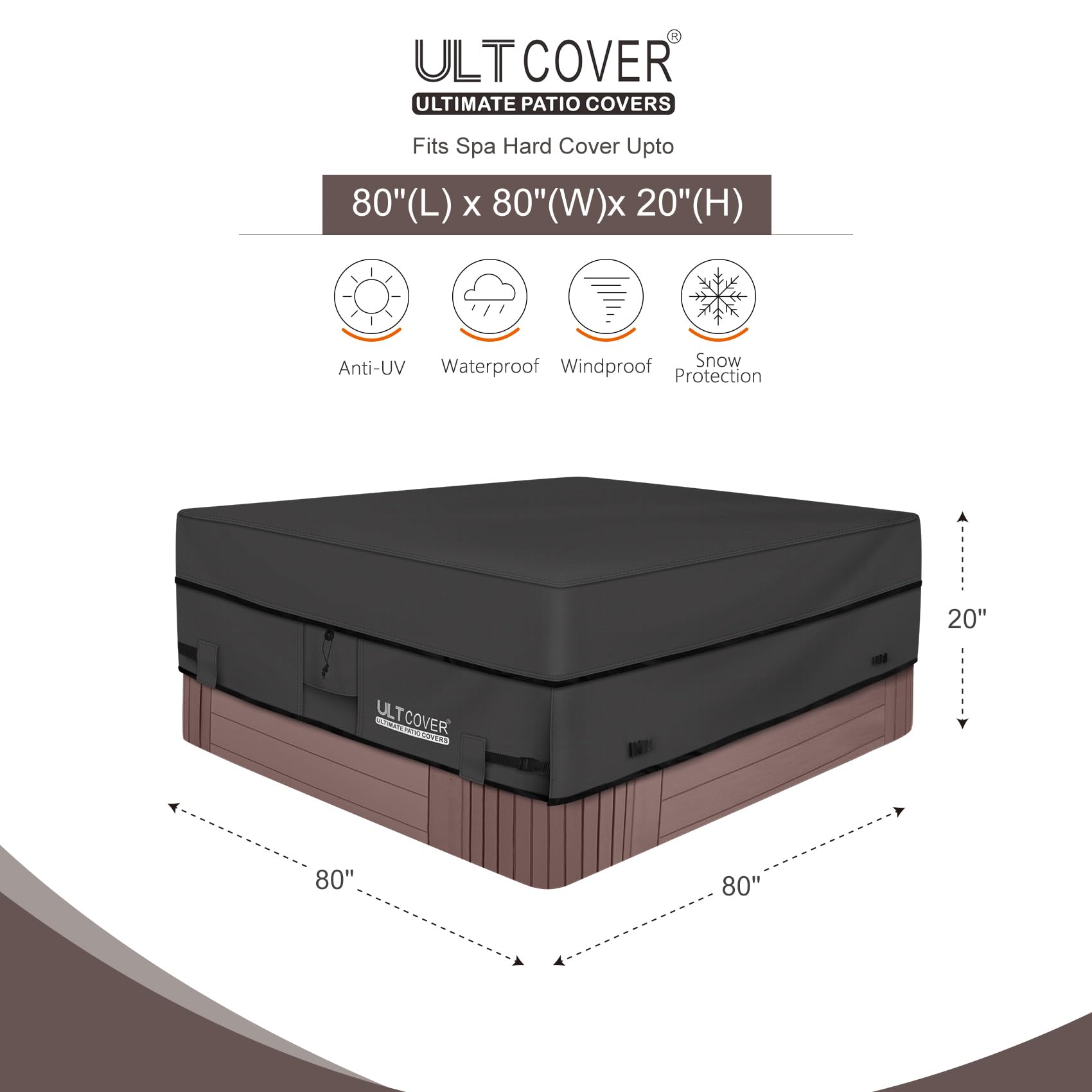 ULTCOVER Waterproof Hot Tub Cover | 600D Heavy Duty 80x80 SPA Protector