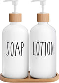 MOMEEMO Glass Soap Dispenser Set with Bamboo Pump and Tray – 2 Pack