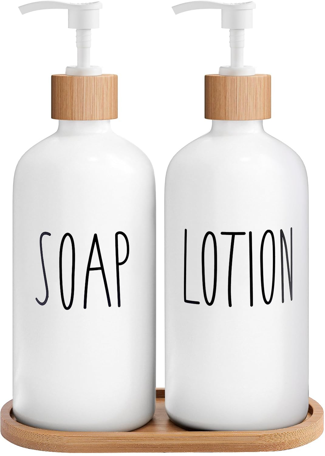 MOMEEMO Glass Soap Dispenser Set with Bamboo Pump and Tray – 2 Pack