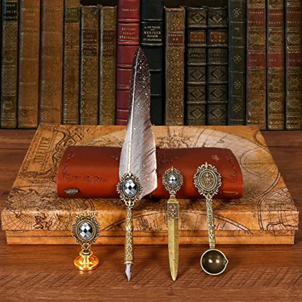 MPRINCE Feather Quill Pen and Ink Set with Notebook & Wax Seal - Grey