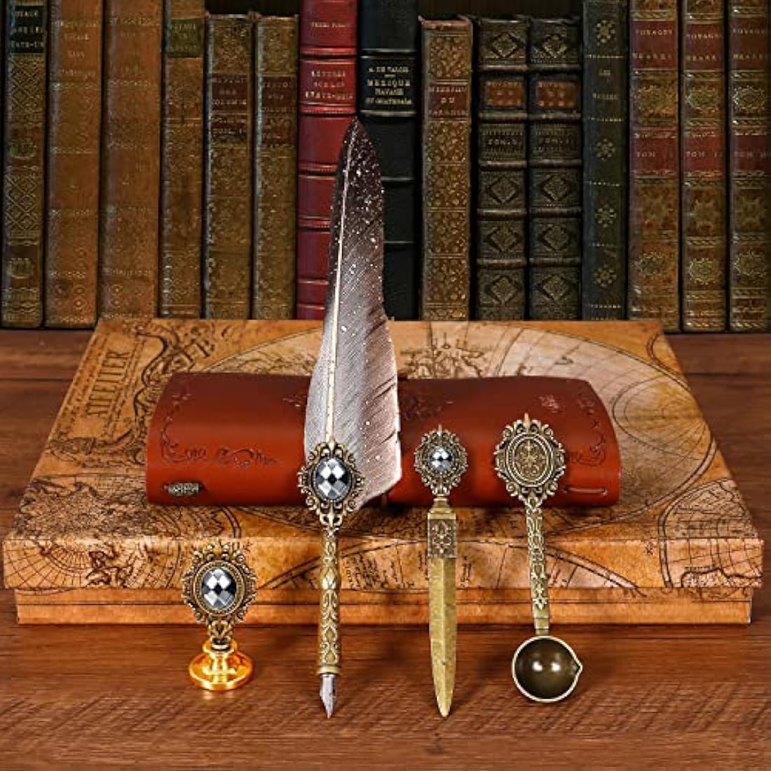MPRINCE Feather Quill Pen and Ink Set with Notebook & Wax Seal - Grey