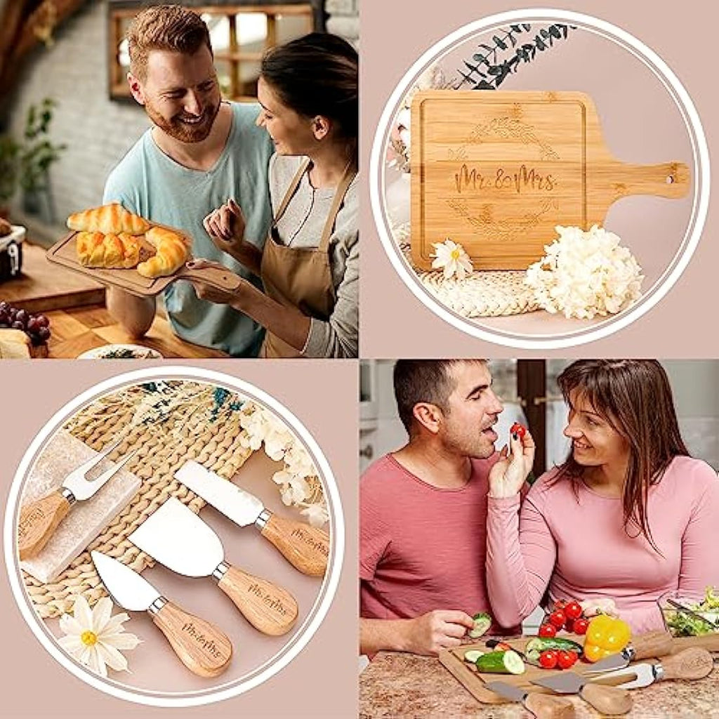 Mr and Mrs Wedding Gift Set – Bamboo Charcuterie Board & Candle