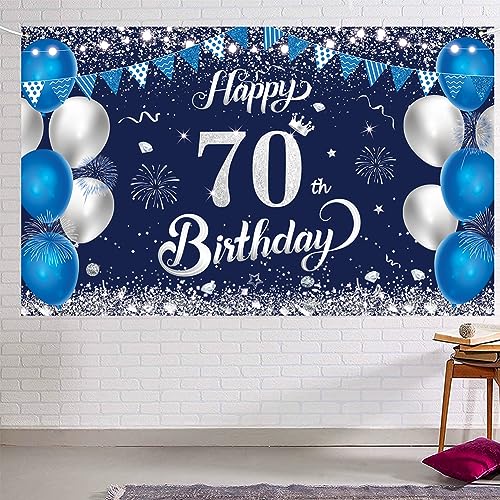 70th Birthday Banner – Blue & Silver Party Backdrop, 1.1x1.8m