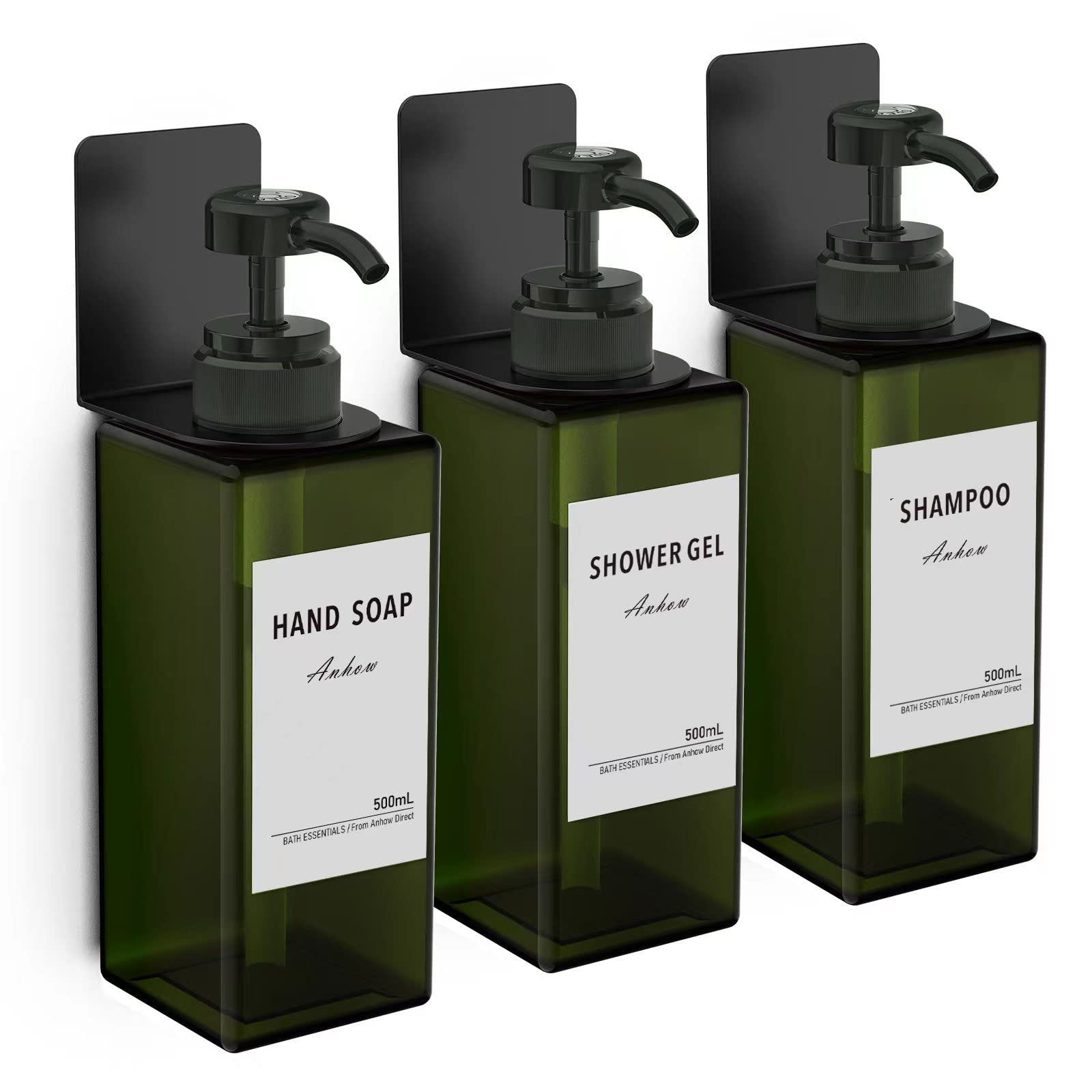 Anhow 3-Piece Wall Mounted Soap Dispenser Set - 500ml No-Drill Green