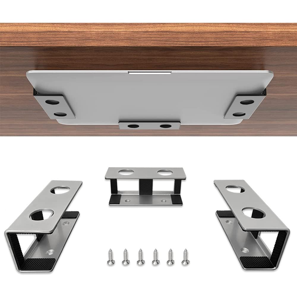 JEMACHE Under Desk Laptop Mount, Metal Under Table Desk Holder for Laptop, Mac Mini, MacBook, Keyboard with Anti-Scratch Silicone Silver - image 1