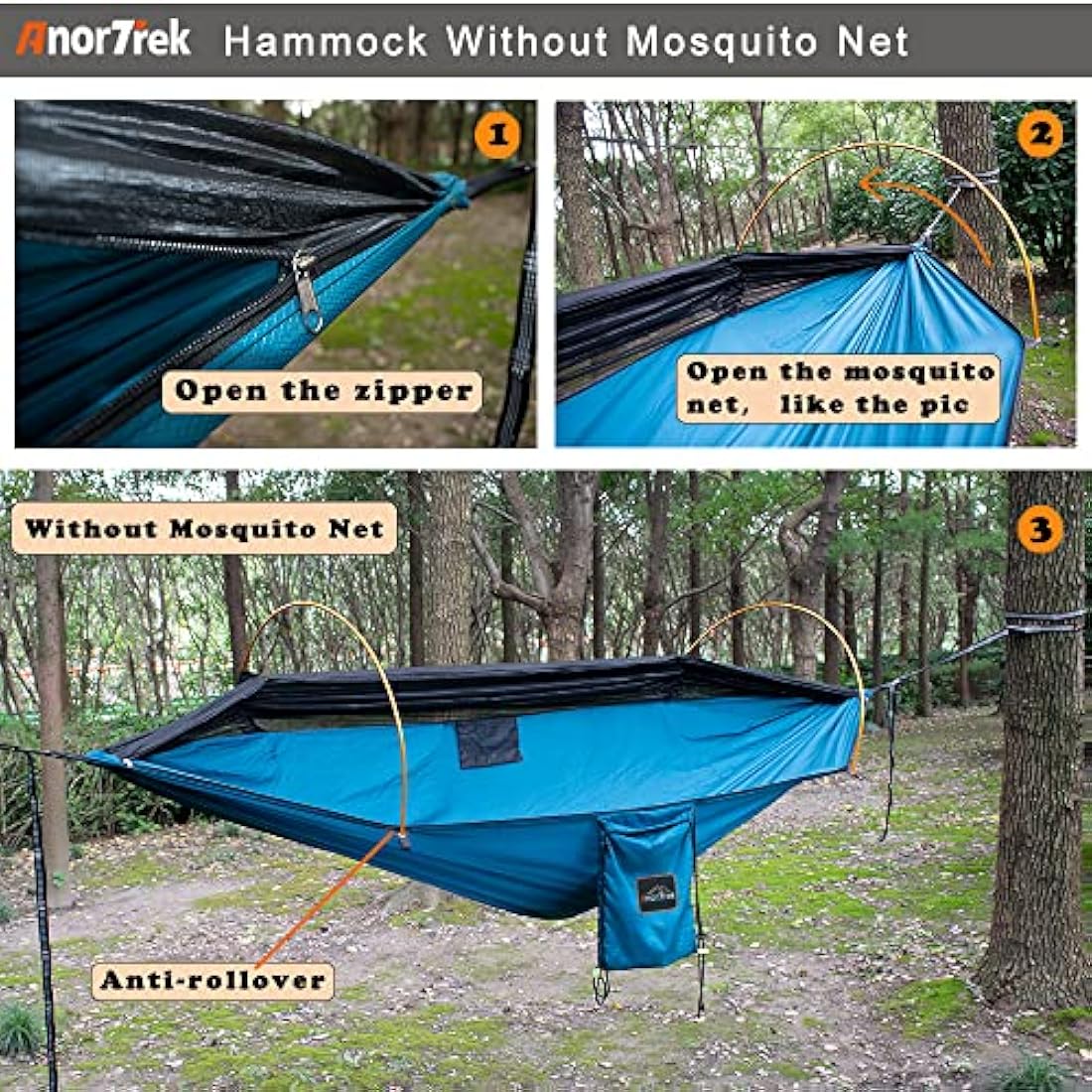 AnorTrek Double Camping Hammock with Mosquito Net & Rain Fly – Green