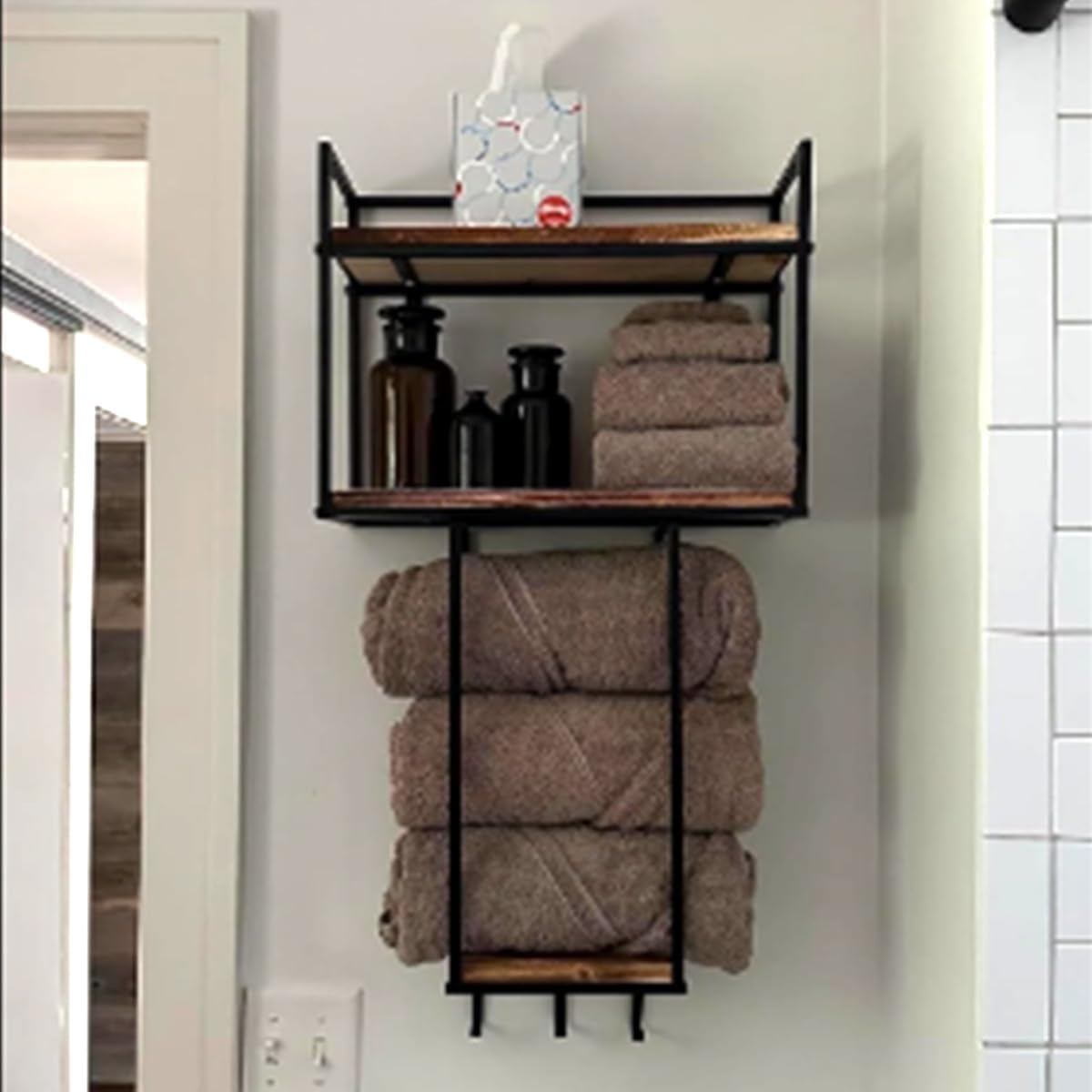 BOOXMIMI Wall Mounted Towel Rack with 3 Hooks | Wood and Metal Storage