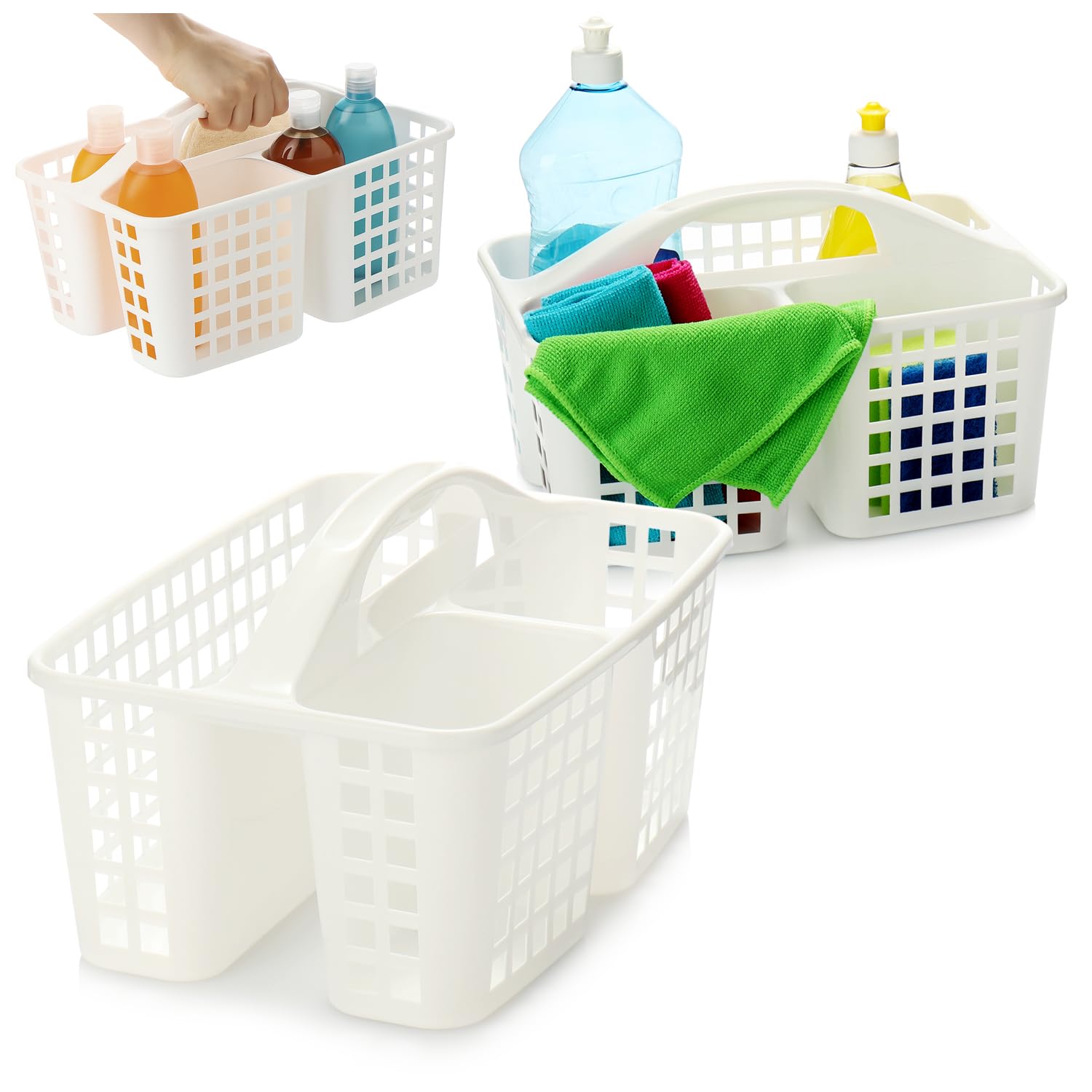 Com-Four 2x Portable Shower Basket – Plastic Storage Caddy with 3 Compartments