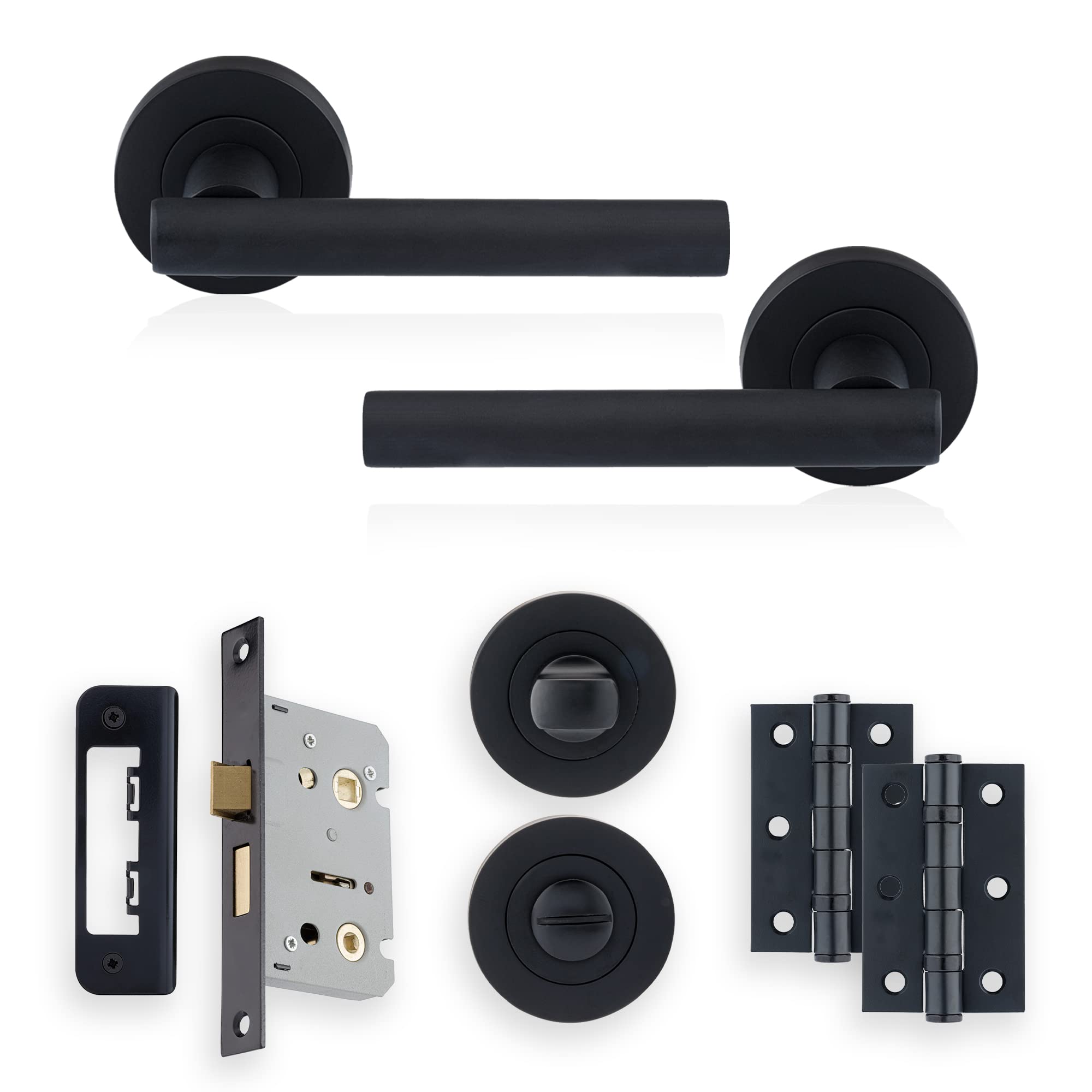 XFORT Matt Black Liberty Bathroom Door Handle Pack with Privacy Lock