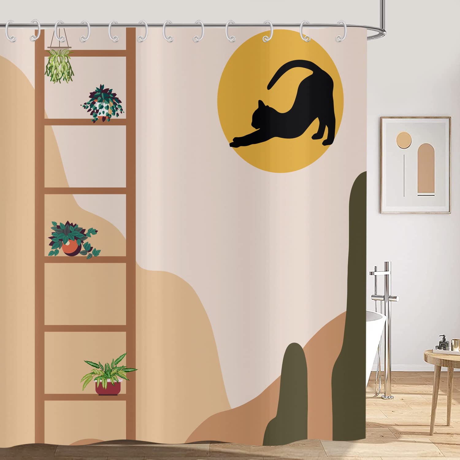 Hnmdmyi Boho Cat Shower Curtain | Mid Century Modern Polyester - 71x79in
