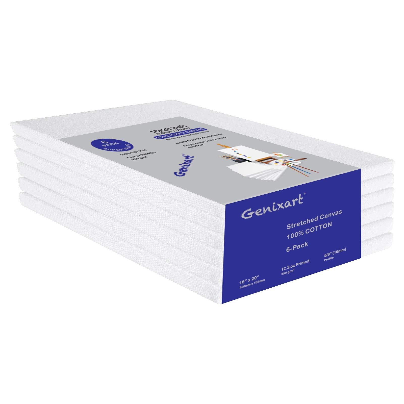 Genixart 16x20 Stretched Canvas 5-Pack | 100% Cotton Primed Artist Canvas