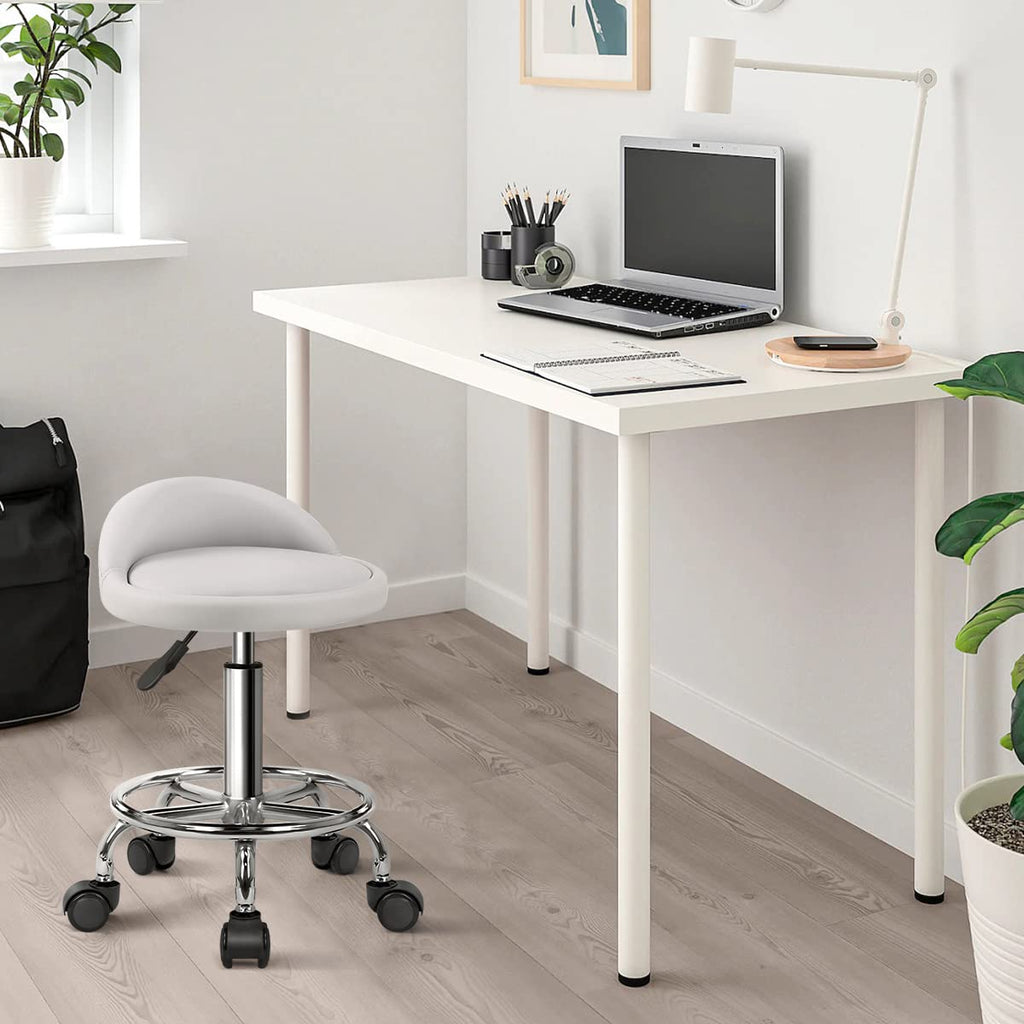 KKTONER PU Leather Rolling Stool - Adjustable Swivel Spa Chair, White