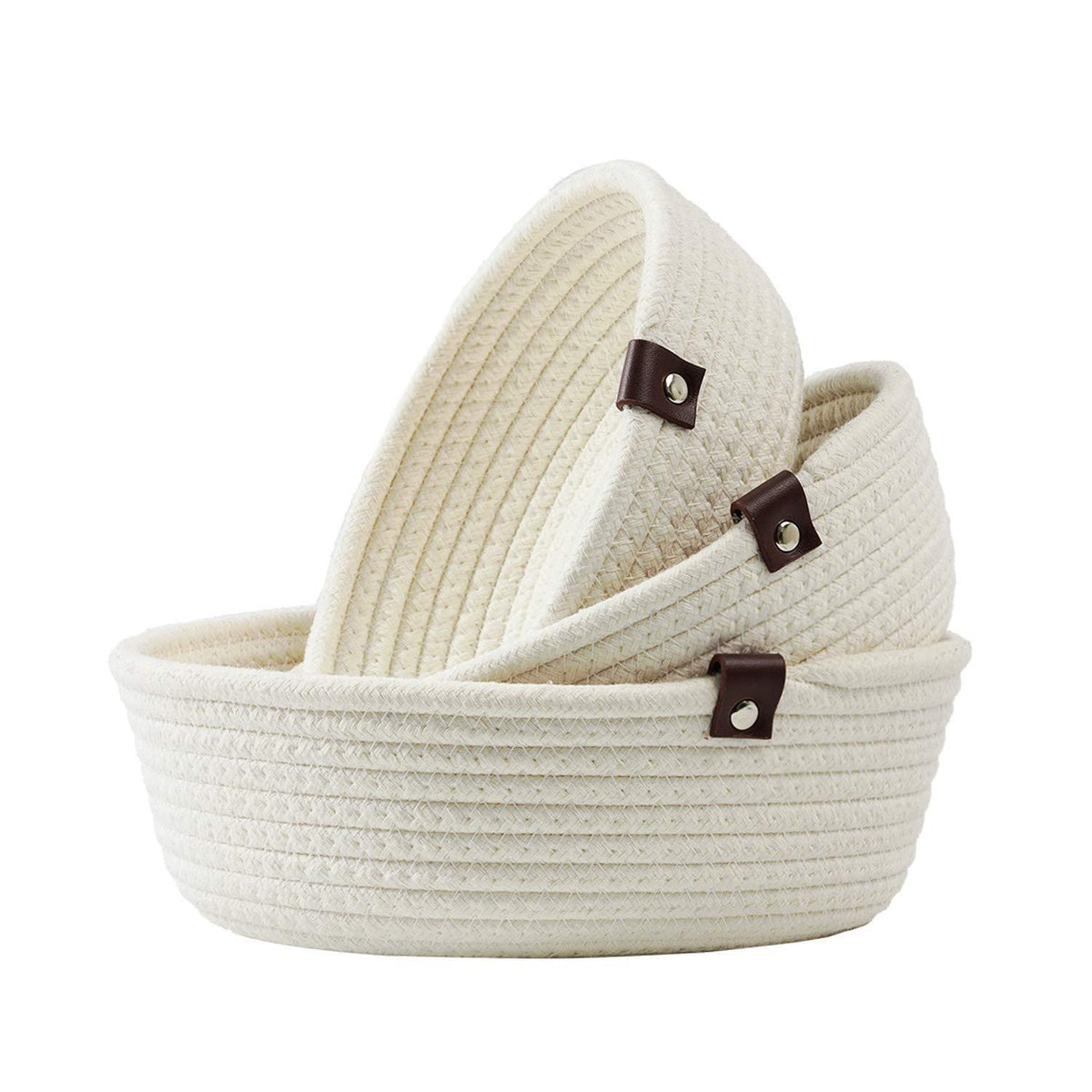 Set of 3 Cotton Rope Storage Baskets - Small White Organizers for Bathroom, Nursery & Home, Handmade Woven White