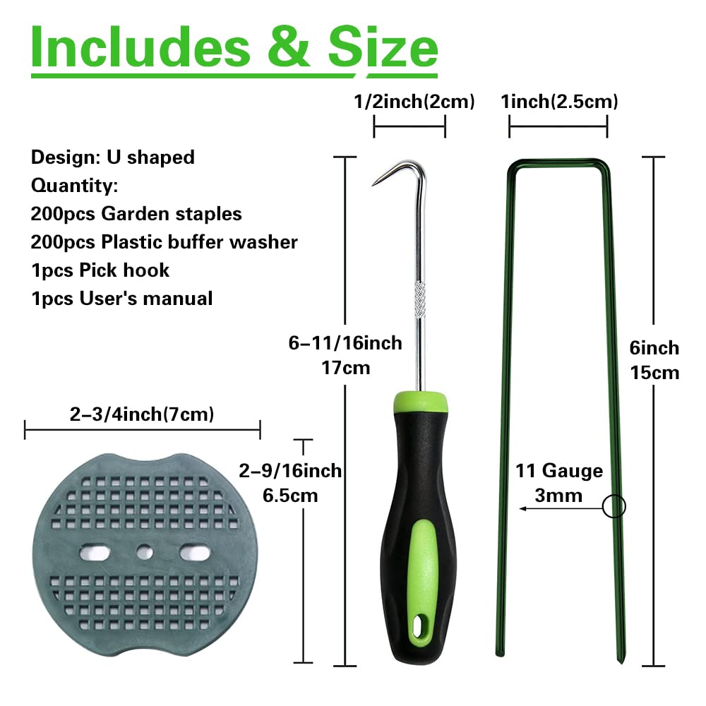 Bakulyor 200 Green Garden Pegs | 6" Steel Landscape Staples with Washers