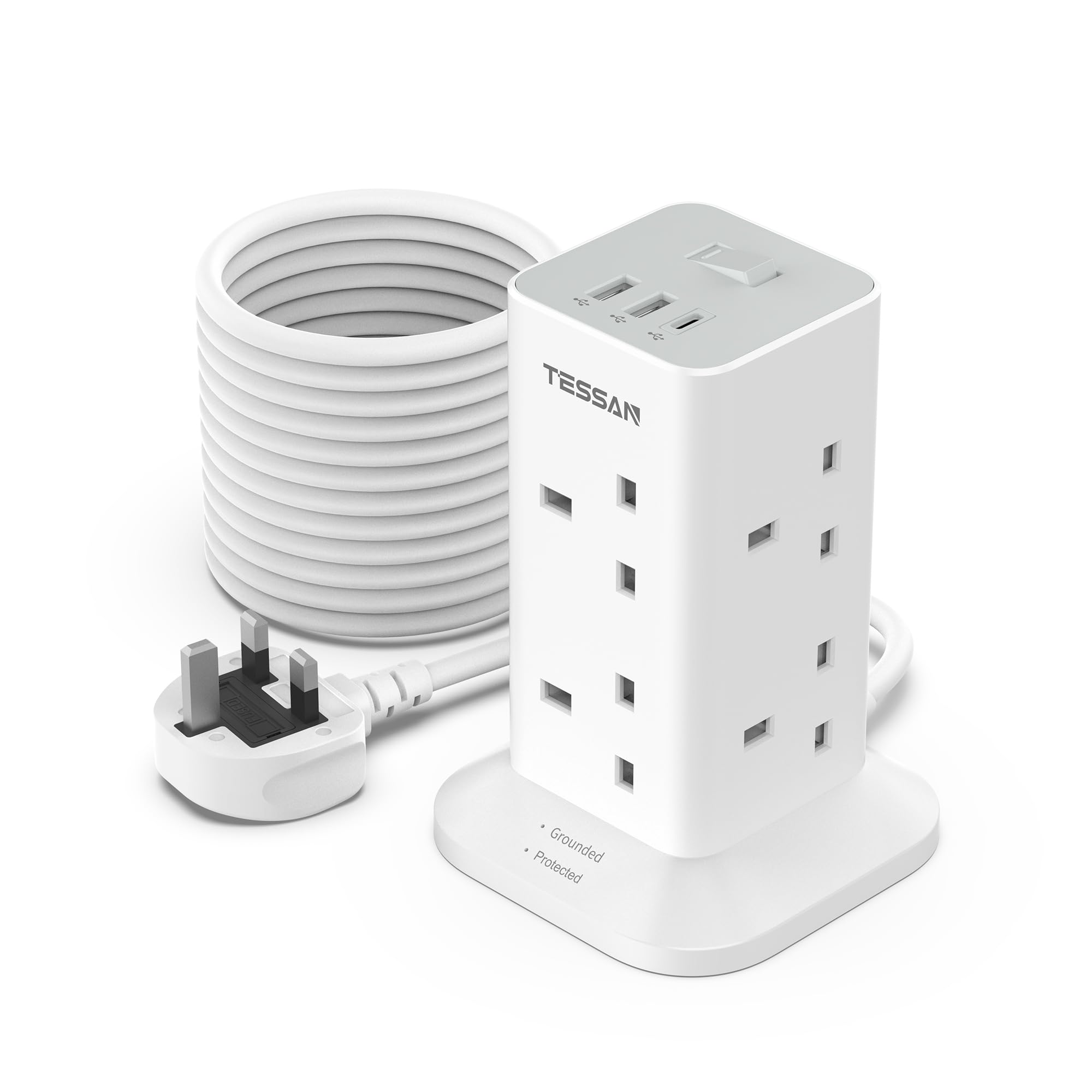 TESSAN 8 Way Tower Extension Lead 10M with USB C – Surge Protected