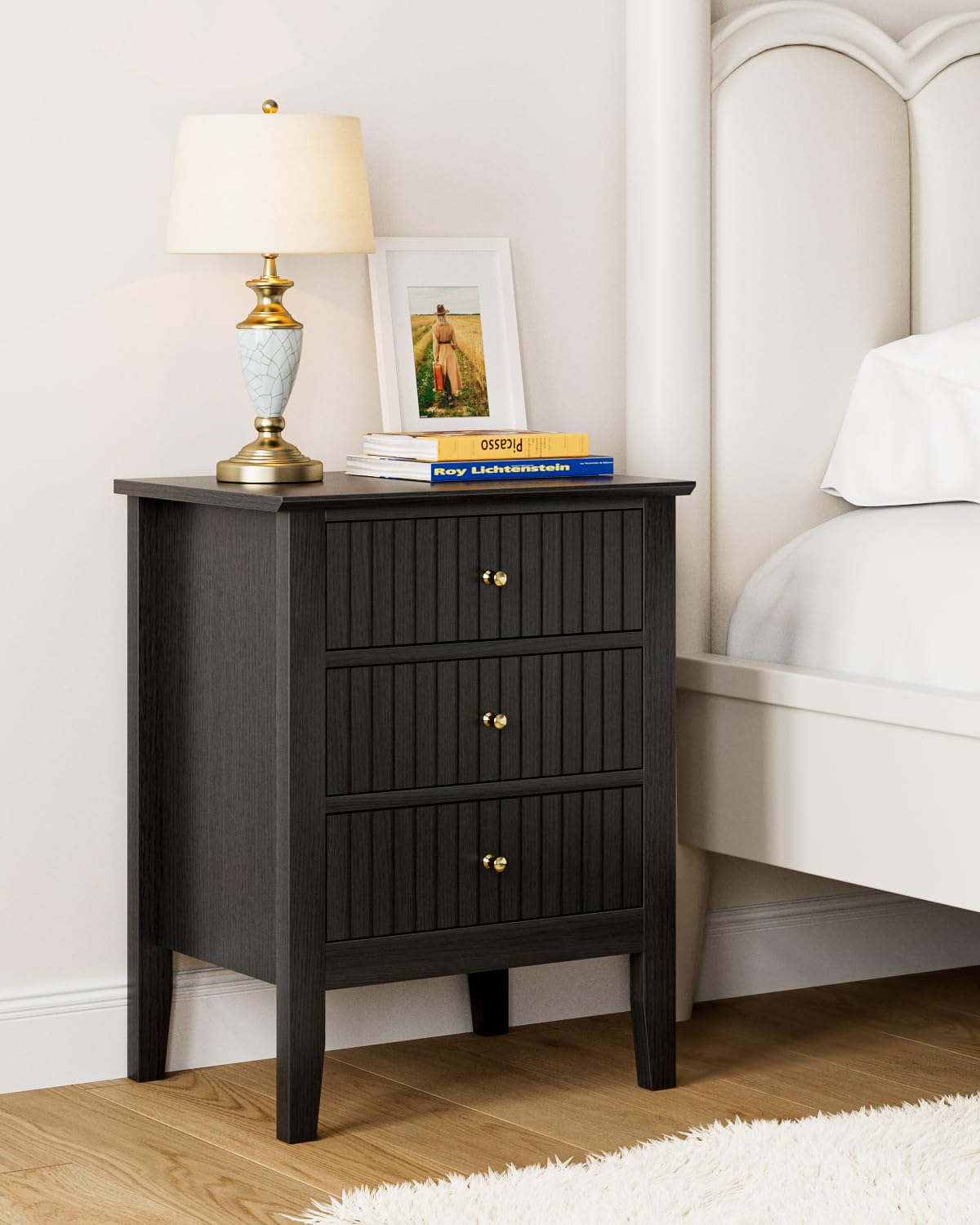 HEYZOEY 3-Drawer Bedside Cabinet – Modern Wooden Nightstand, Black