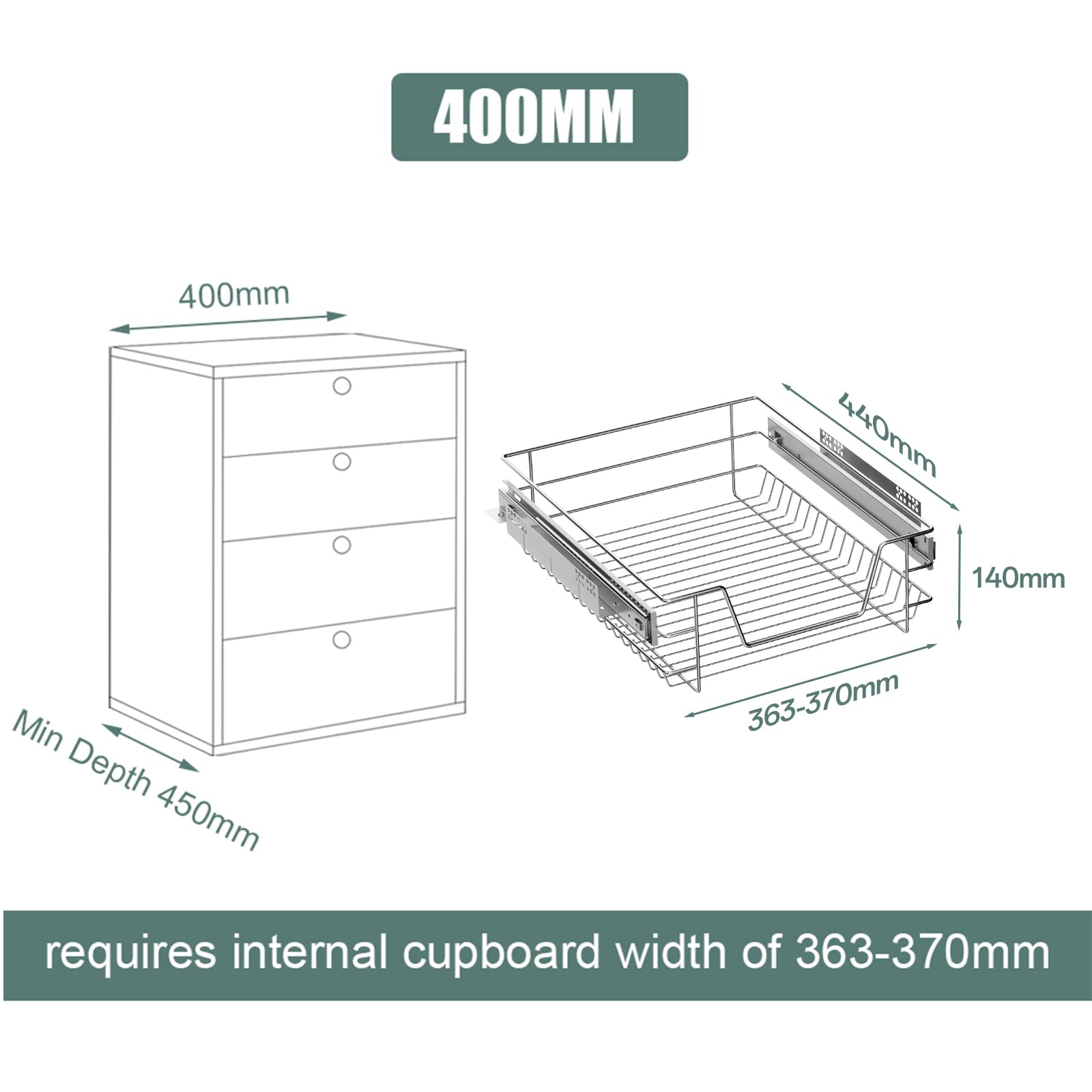 XEMQENER Pull Out Kitchen Wire Basket – Heavy Duty 400mm Cabinet Drawer