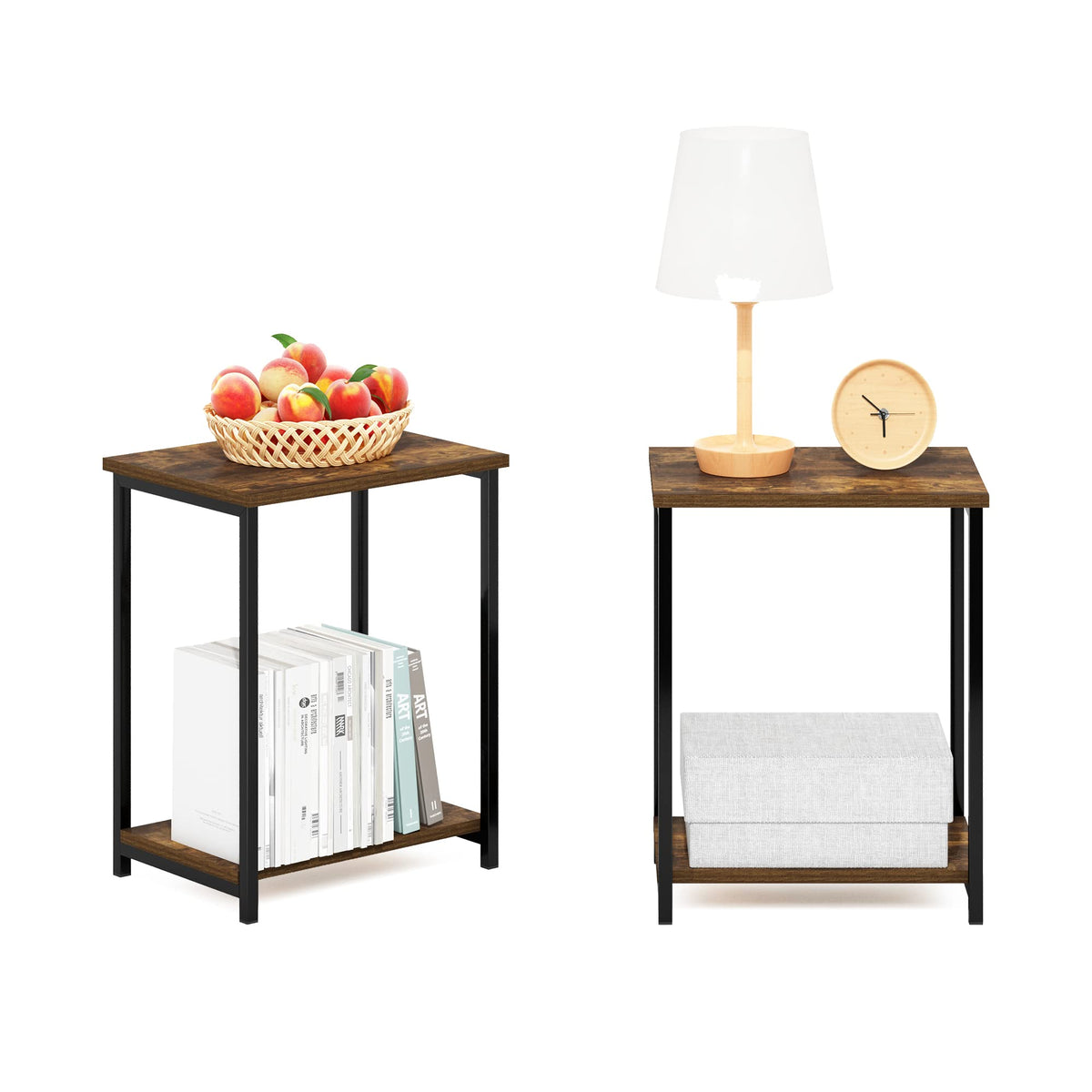 Furinno SIMPLISTIC Side Table Set of 2, 2-Tier Metal Frame End Table with Open Shelf, Night Stand, Bedside Table, for Living Room, Bedroom, Amber Pine - image 2